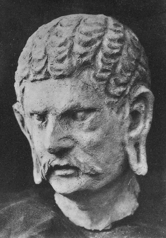 Figure in Stucco: Head of Warrior, Tapa Kalān, Hadda